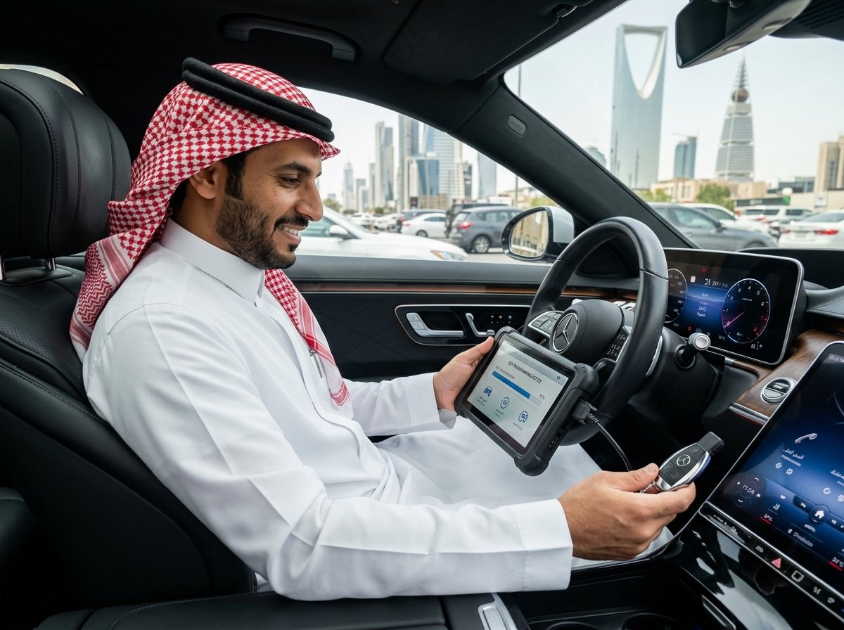 Professional Technician Programming Car Sensor Key inside Vehicle in Riyadh