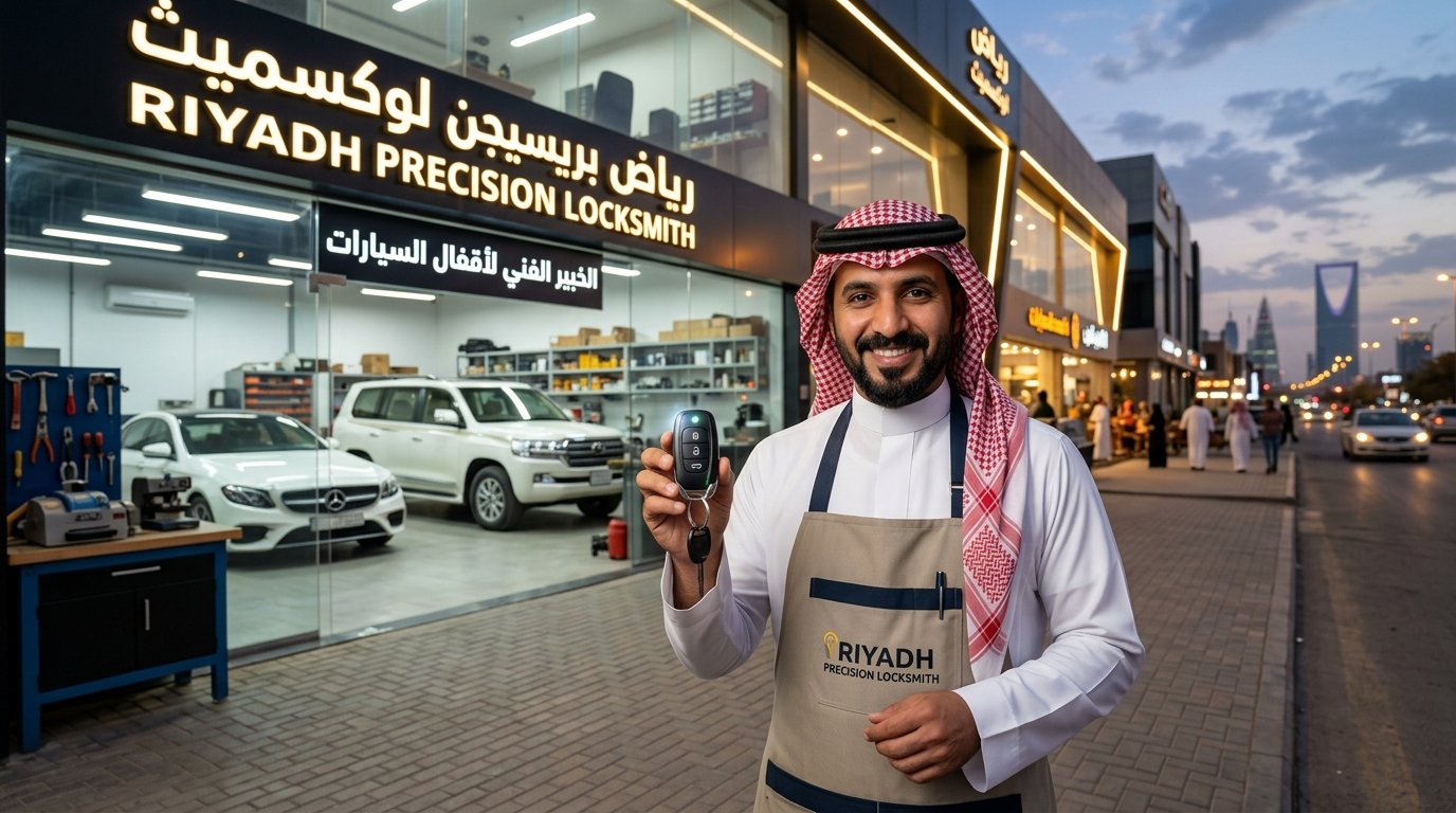 Master Saudi Arabian Locksmith Holding Smart Car Key in Riyadh Store